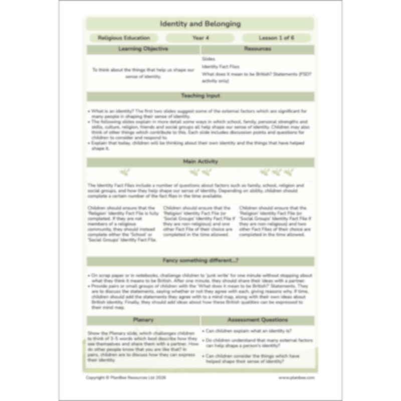 PlanBee Identity and Belonging Year 4 KS2 RE Lesson Pack by PlanBee