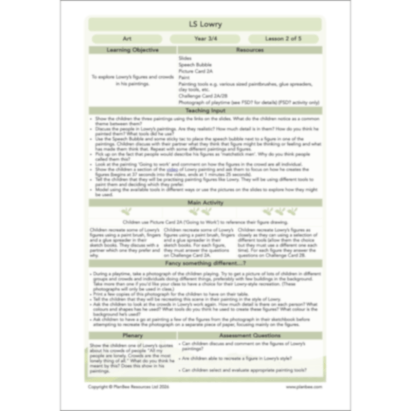 PlanBee LS Lowry KS2 - Year 3/4 Art Planning by PlanBee