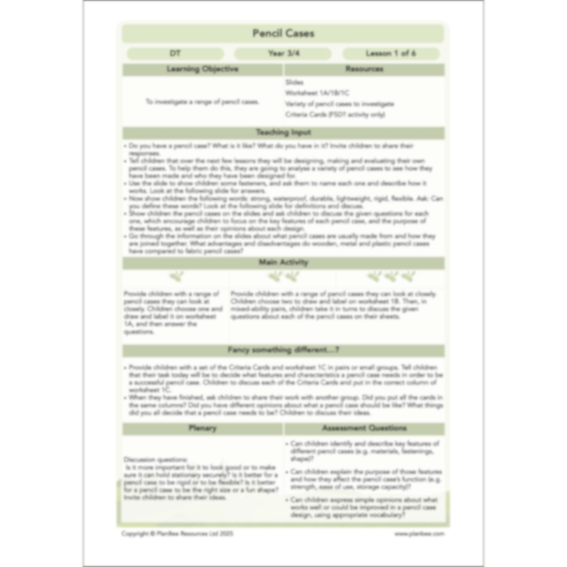 PlanBee Pencil Cases - Textiles: DT Lesson Plans for KS2 Y3/4