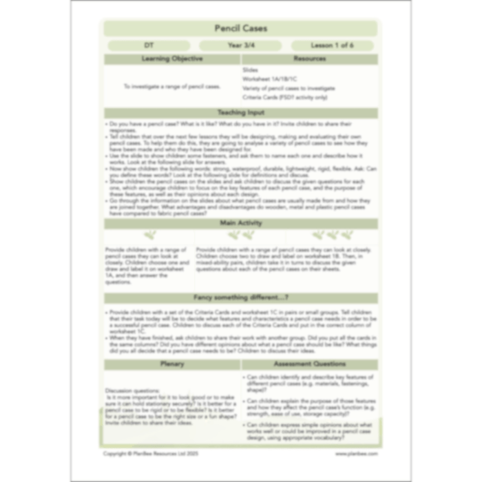 PlanBee Pencil Cases - Textiles: DT Lesson Plans for KS2 Y3/4