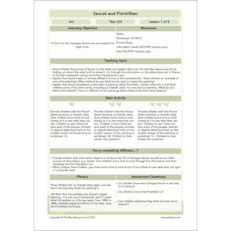 PlanBee Seurat and Pointillism KS2 Lesson Plans and Art Projects