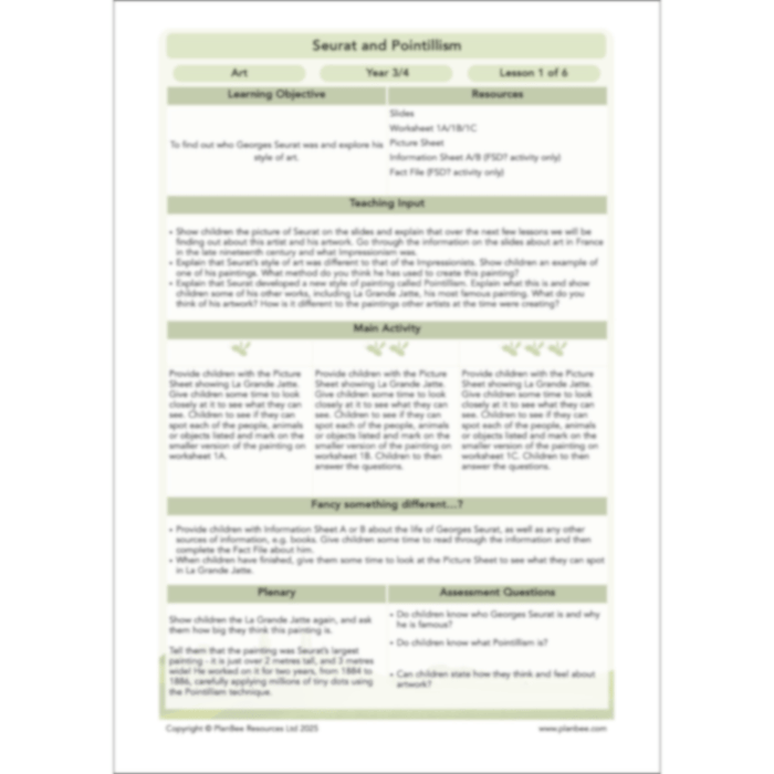 PlanBee Seurat and Pointillism KS2 Lesson Plans and Art Projects