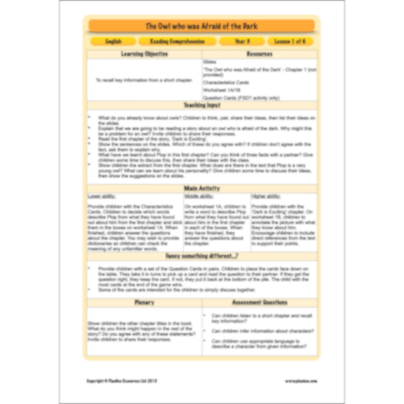 PlanBee The Owl who was Afraid of the Dark | KS2 Comprehension