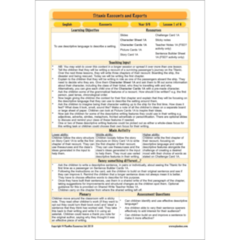 PlanBee Titanic Recounts and Reports English KS2 Lesson Pack