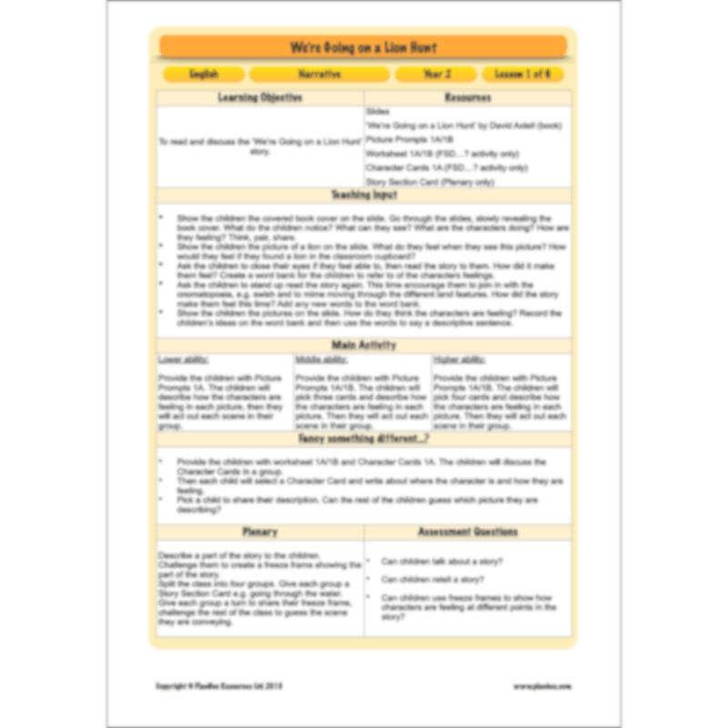 PlanBee We're Going on a Lion Hunt KS1 English Lesson Planning