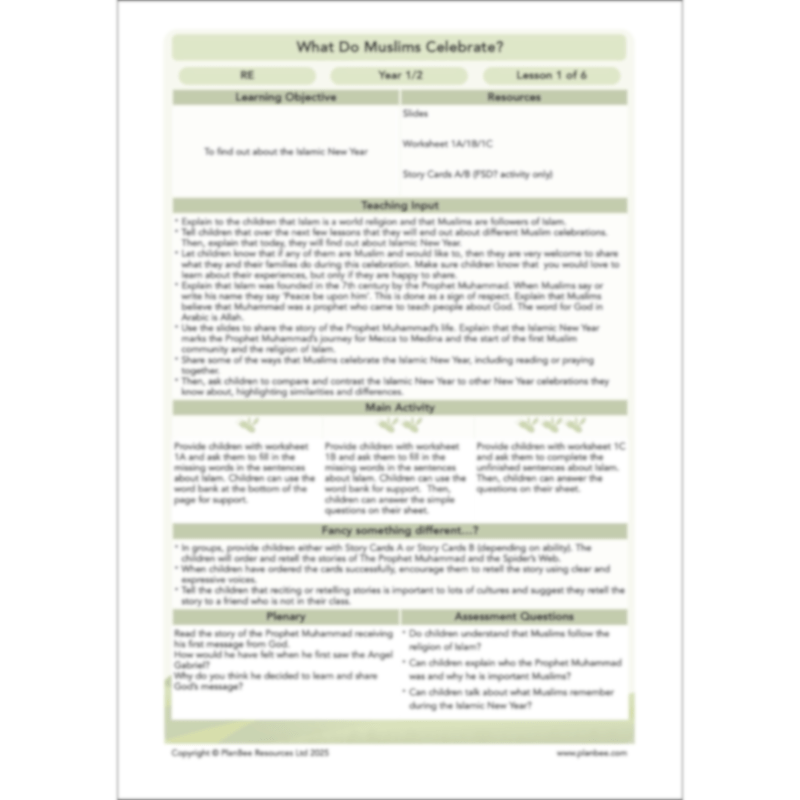 PlanBee What do Muslims celebrate? KS1 Islamic Festival Lessons