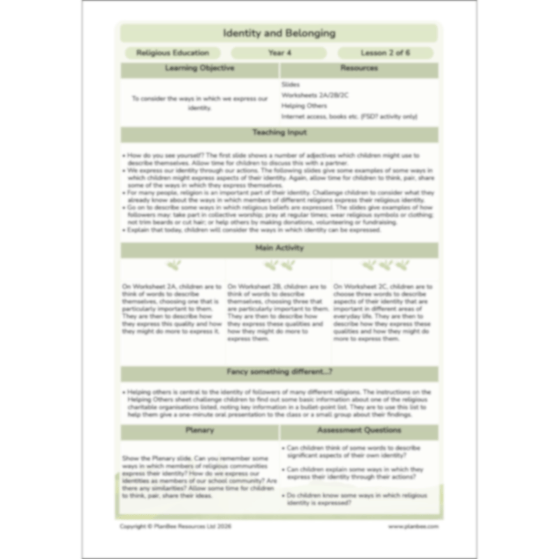 PlanBee Identity and Belonging Year 4 KS2 RE Lesson Pack by PlanBee