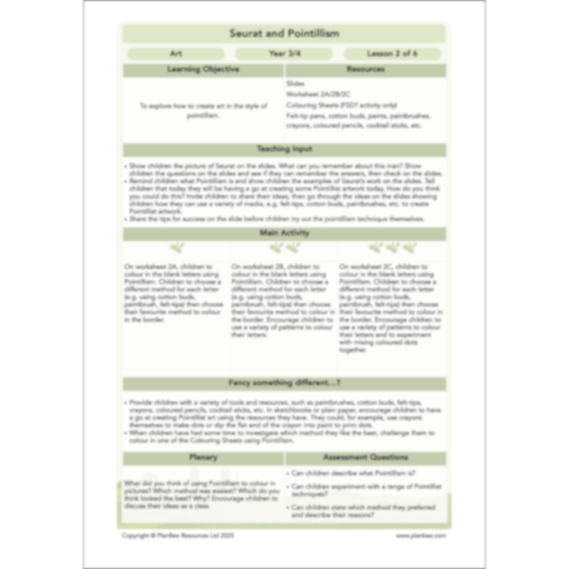 PlanBee Seurat and Pointillism KS2 Lesson Plans and Art Projects