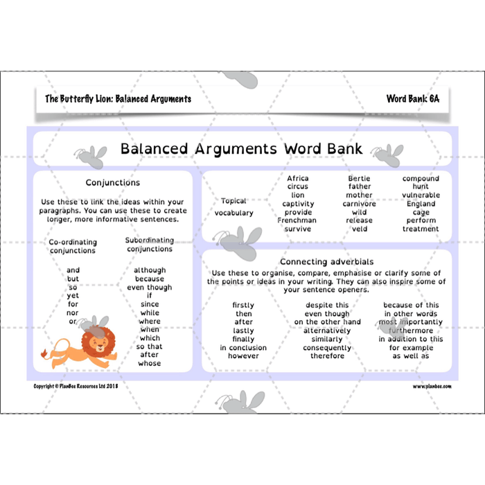 PlanBee The Butterfly Lion: Balanced Arguments KS2 Lesson Pack