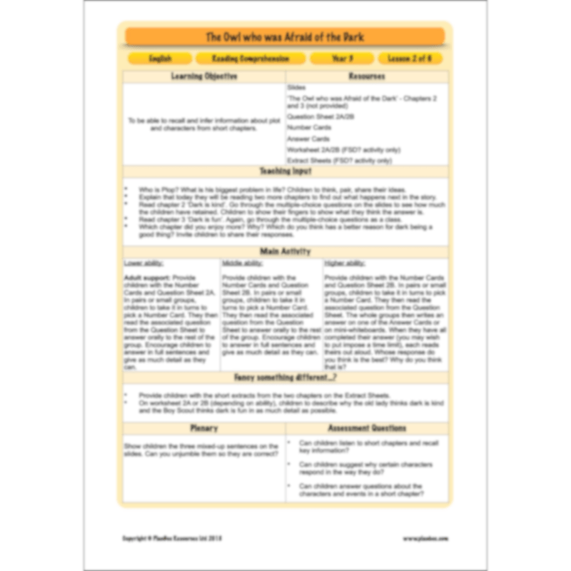 PlanBee The Owl who was Afraid of the Dark | KS2 Comprehension