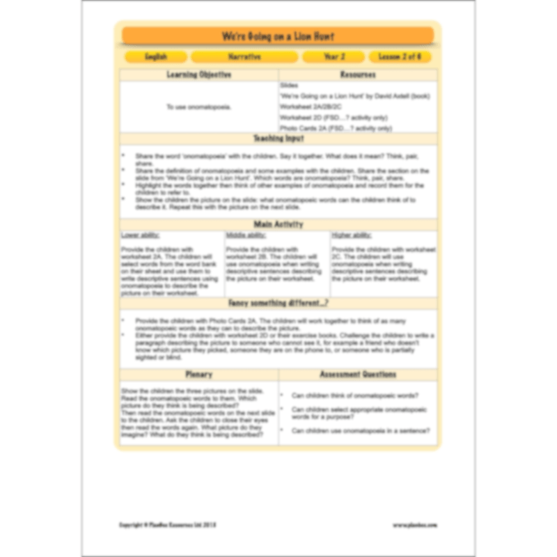 PlanBee We're Going on a Lion Hunt KS1 English Lesson Planning