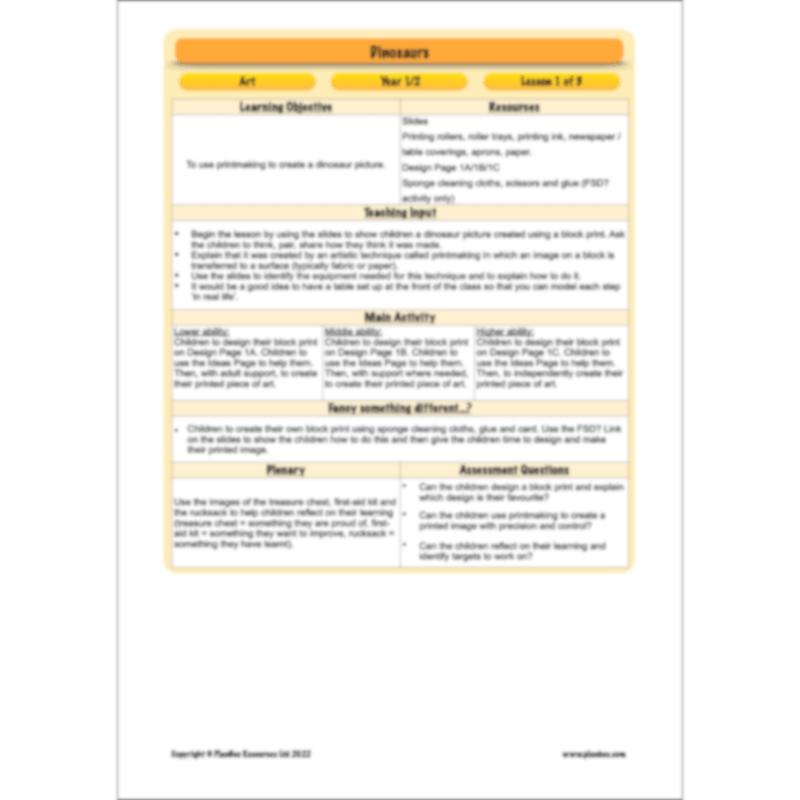 PlanBee Dinosaurs KS1 Topic Enrichment Lesson Pack