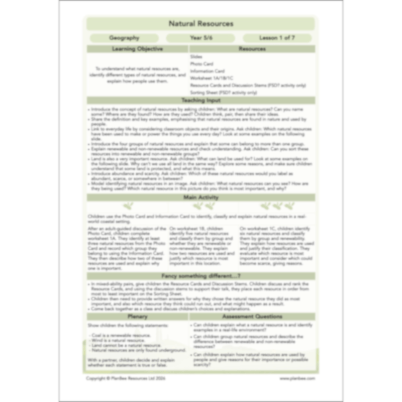 PlanBee Natural Resources KS2 Geography Lesson Pack