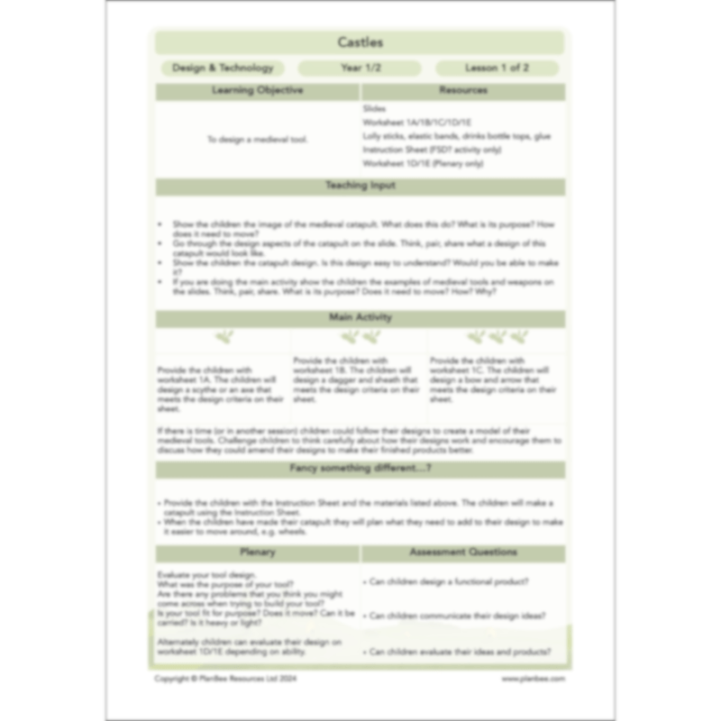 PlanBee Castles Topic KS1 Enrichment Lesson Pack