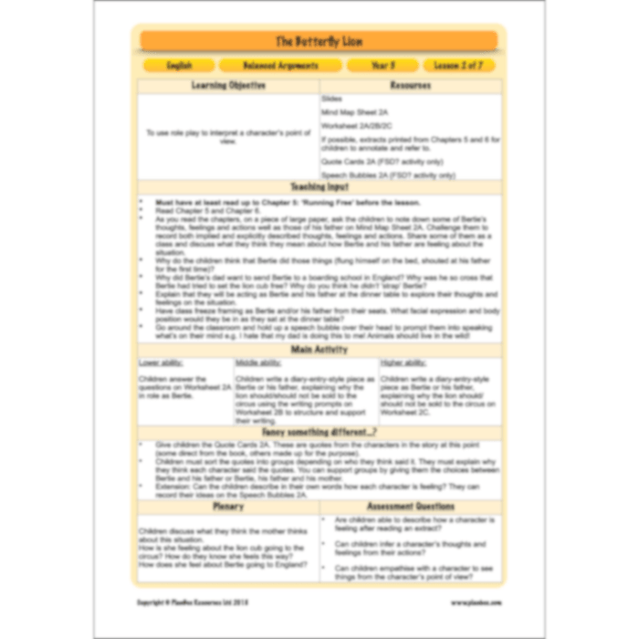 PlanBee The Butterfly Lion: Balanced Arguments KS2 Lesson Pack