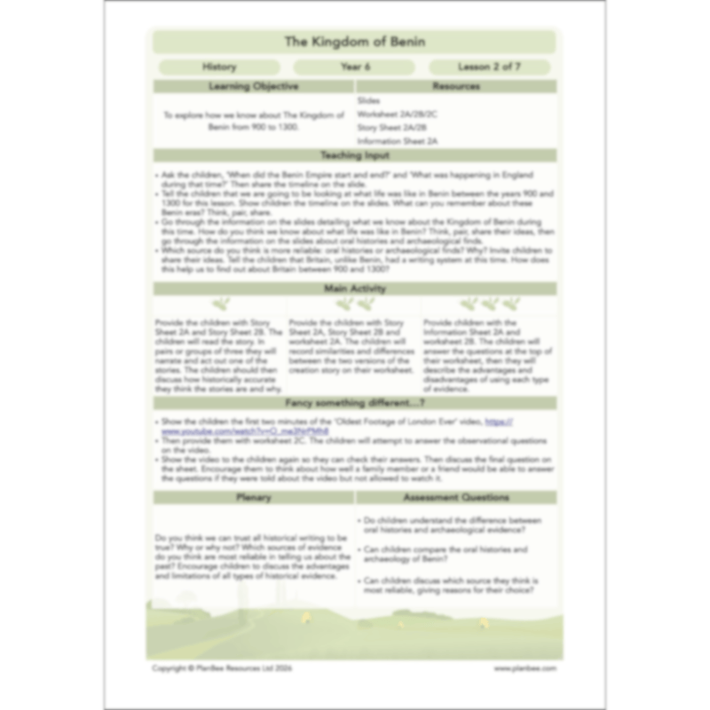PlanBee The Kingdom of Benin KS2 History Lesson Pack