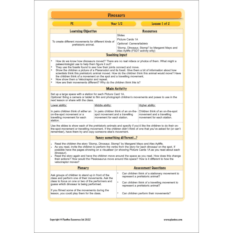 PlanBee Dinosaurs KS1 Topic Enrichment Lesson Pack