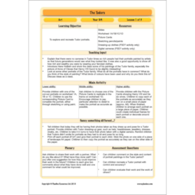 PlanBee The Tudors Topic KS2 Enrichment Lesson Pack