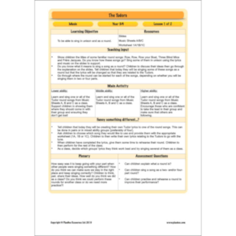 PlanBee The Tudors Topic KS2 Enrichment Lesson Pack