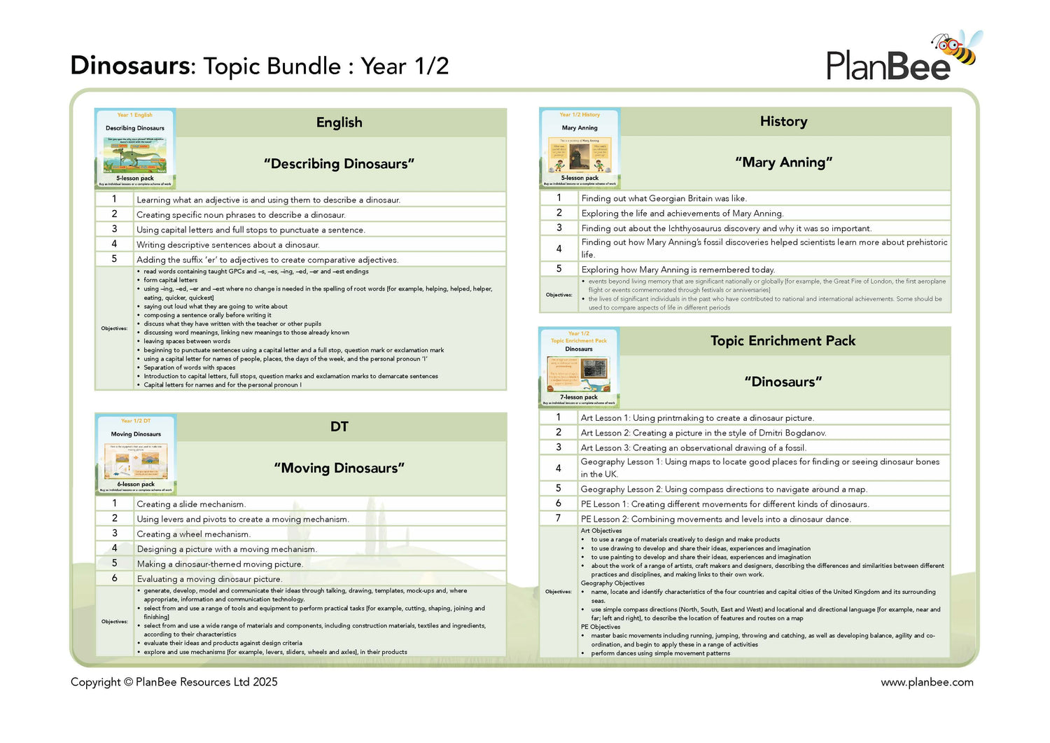 Educational topic bundle for dinosaurs with PlanBee branding