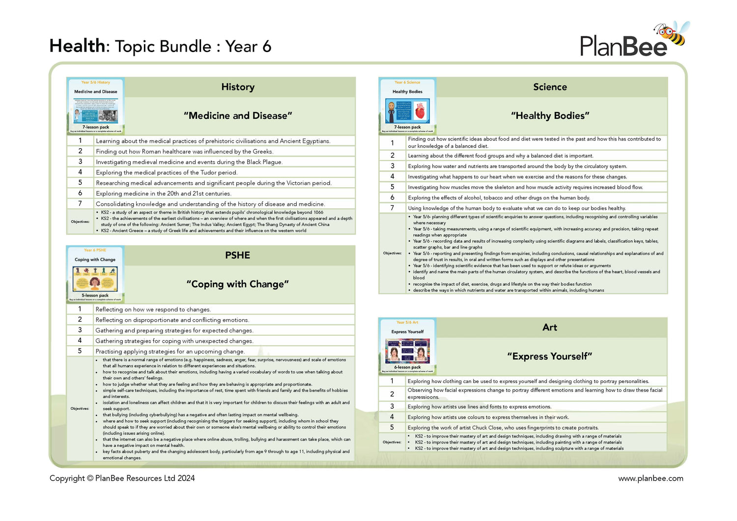 Educational topic bundle for Year 6 students on health, featuring subjects like History, Science, PSHE, and Art, with PlanBee.