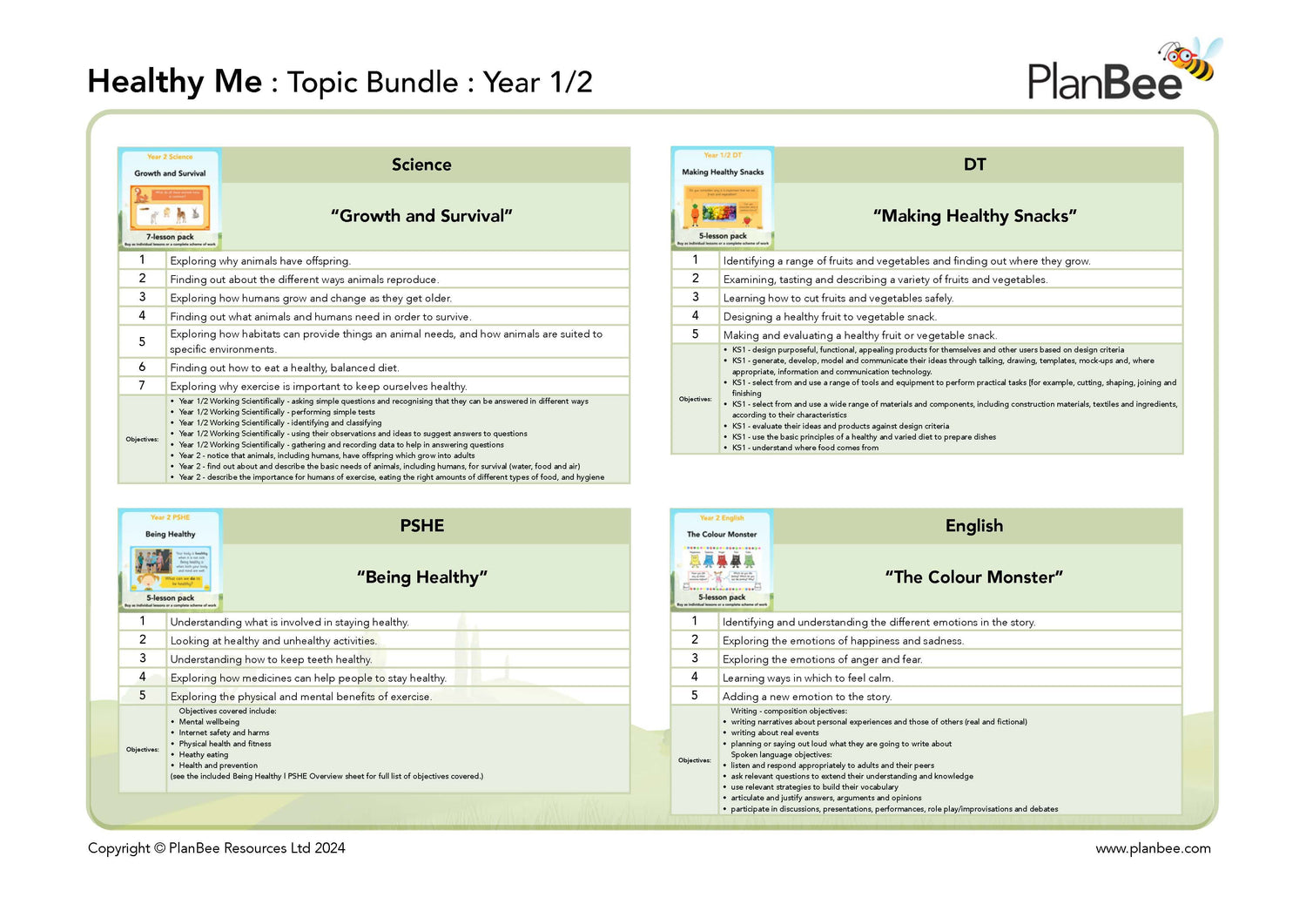 Educational topic bundle for Year 1/2 with subjects like Science, Design and Technology, PSHE, and English on a white background.