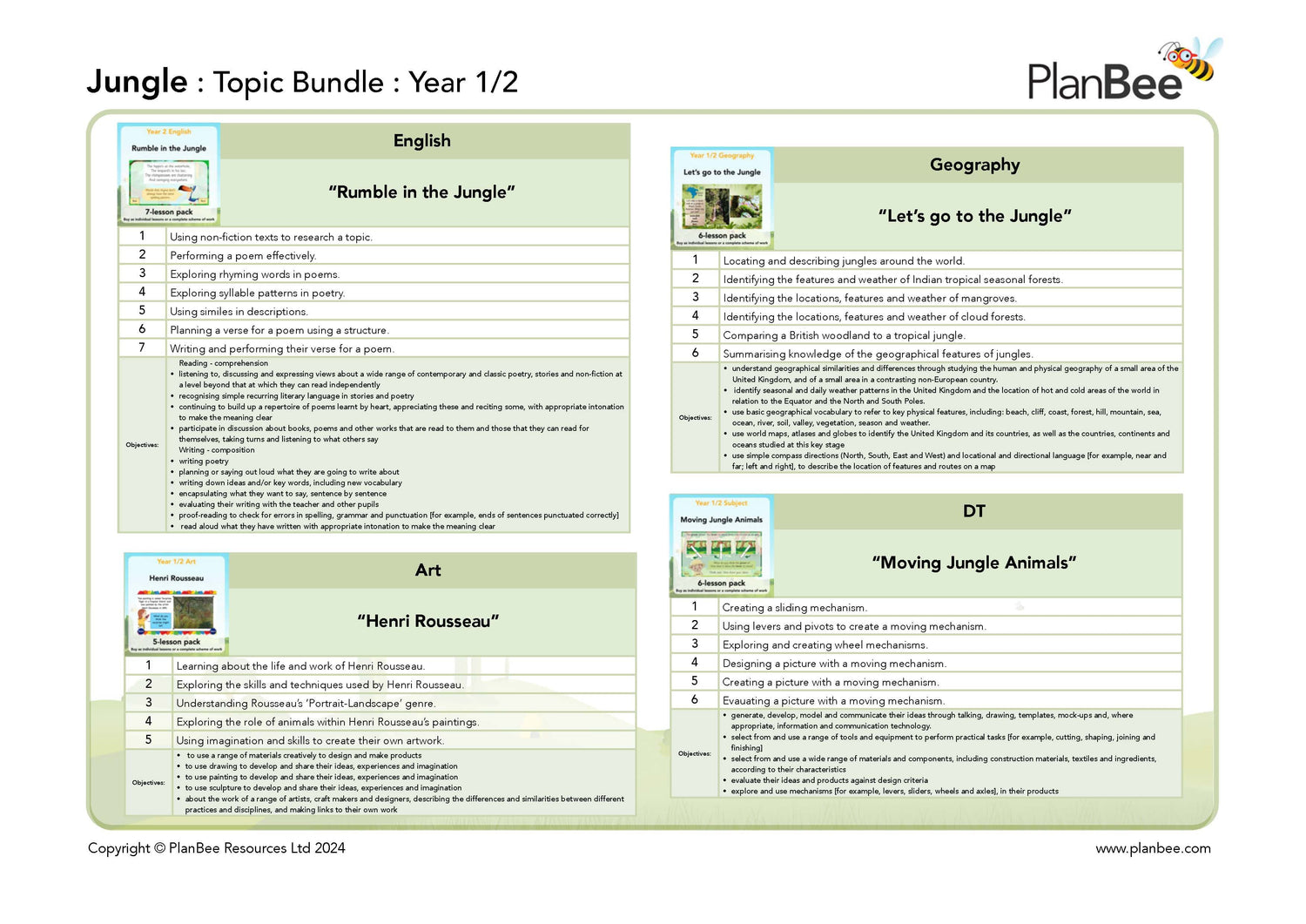 Educational topic bundle for Year 1/2 on the Jungle with PlanBee branding.