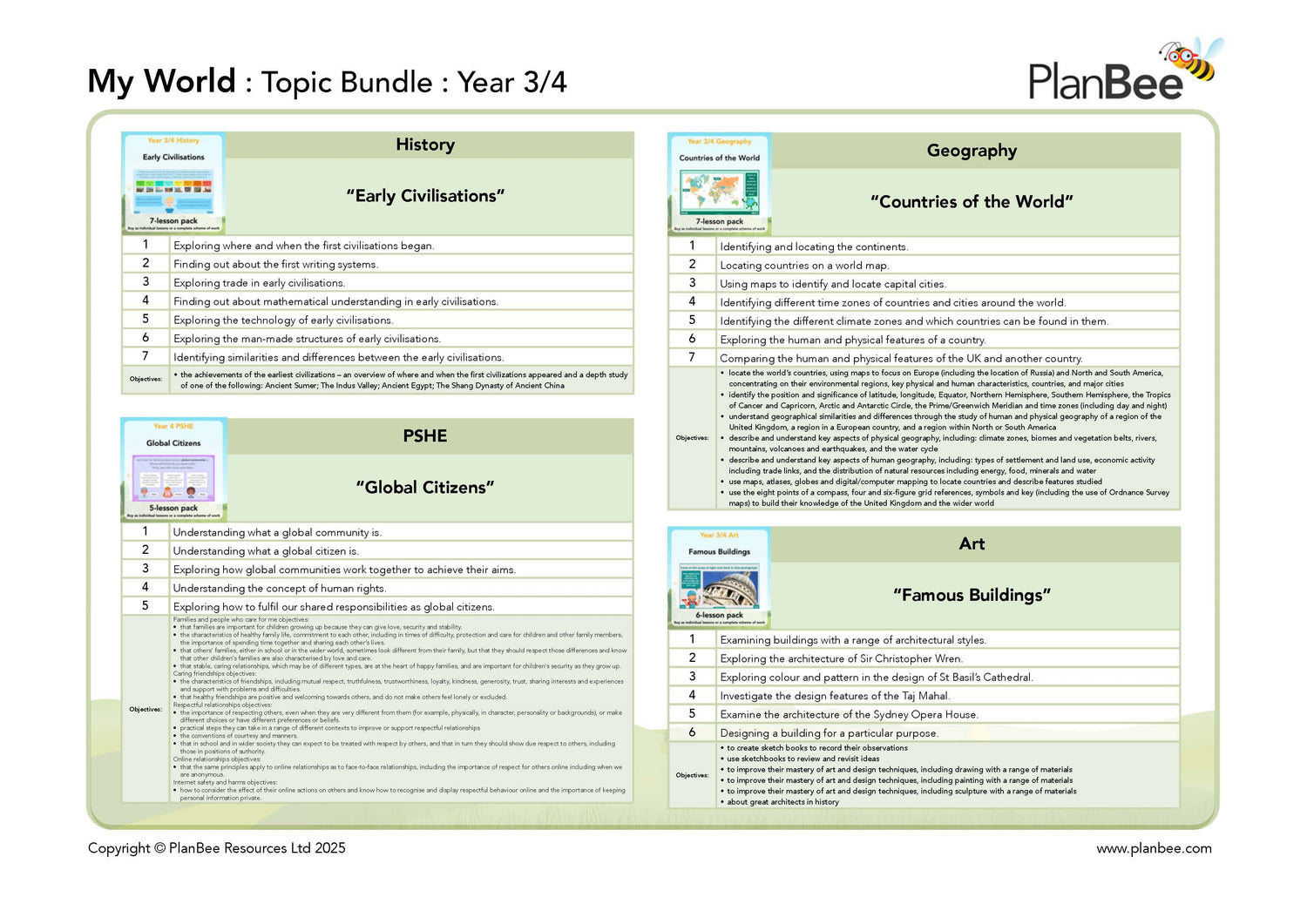 Educational topic bundle for Year 3/4 with subjects like History, Geography, PSHE, and Art listed on a white background.