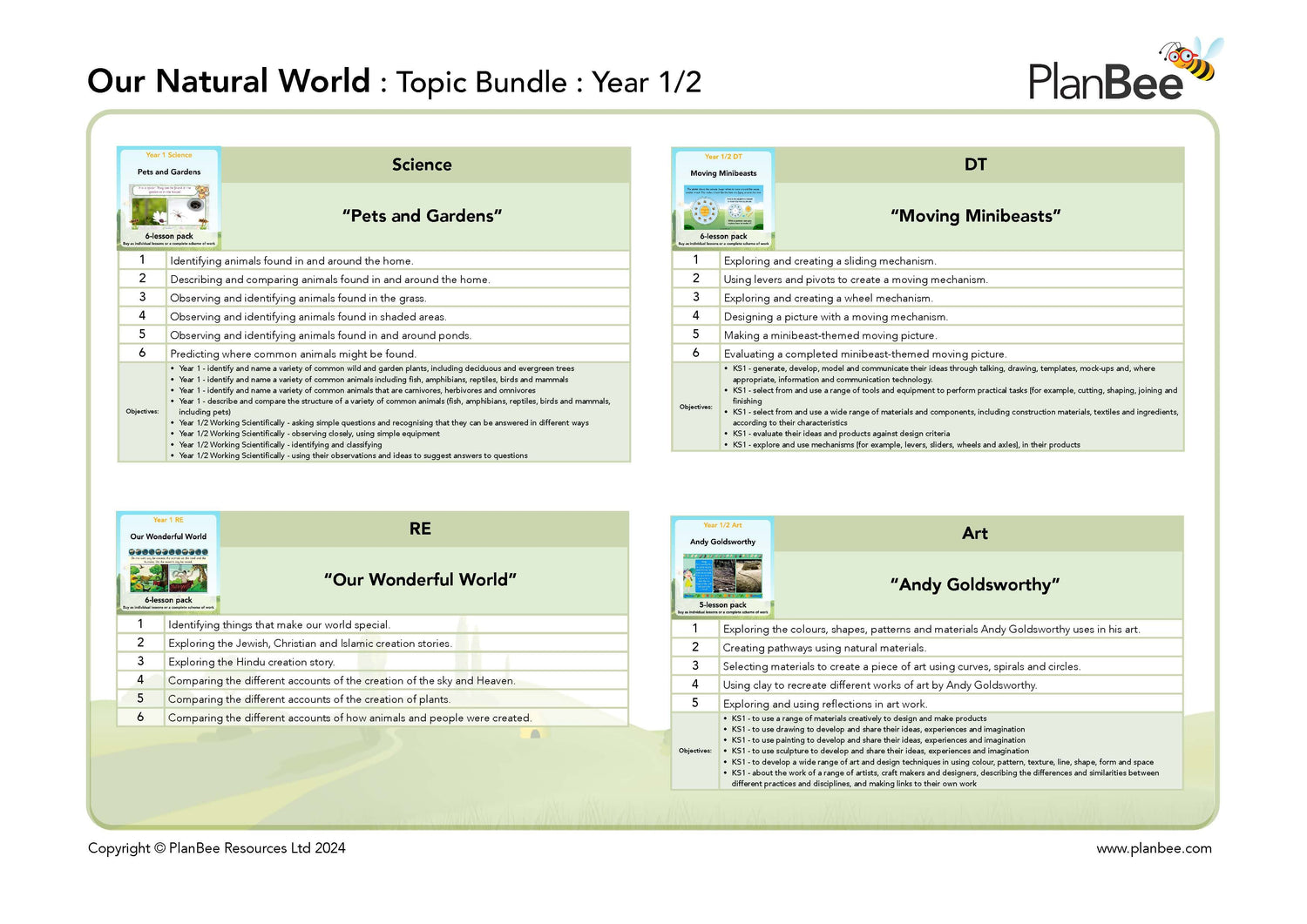 Educational topic bundle for Year 1/2 on PlanBee, featuring subjects like Science, Design and Technology, Religious Education, and Art.