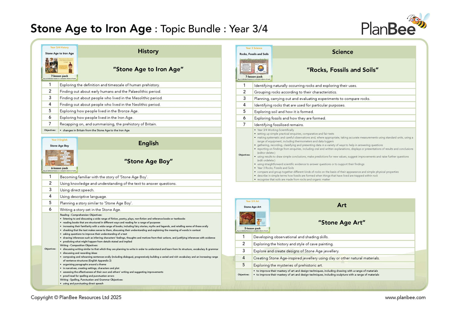 Educational topic bundle for Stone Age to Iron Age curriculum on a white background with PlanBee branding.