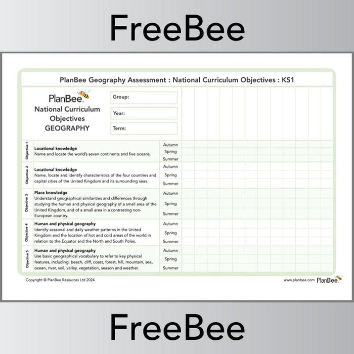 PlanBee Geography KS1 Assessment Grid | PlanBee FreeBees