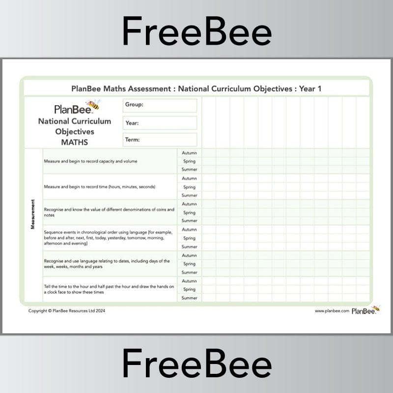 PlanBee Free Year 1 Maths Assessment Grid | PlanBee