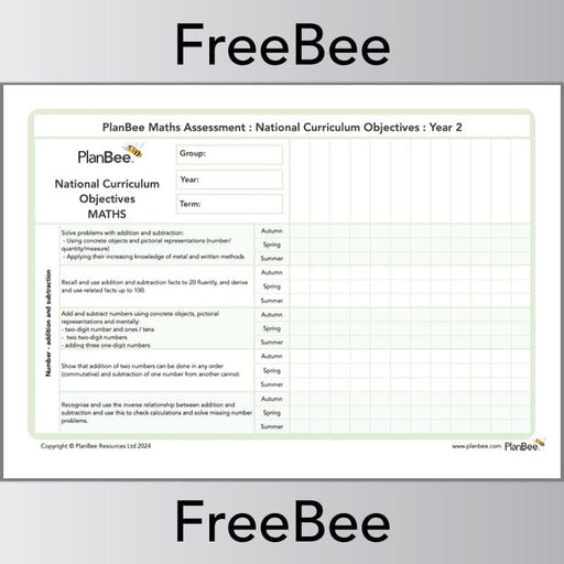 PlanBee Free Year 2 Maths Curriculum Assessment Grid by PlanBee