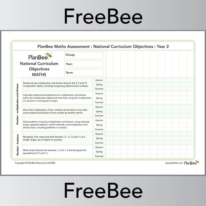 PlanBee Free Year 2 Maths Curriculum Assessment Grid by PlanBee