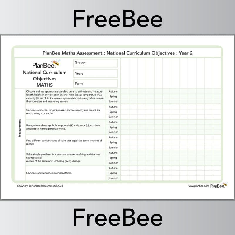 PlanBee Free Year 2 Maths Curriculum Assessment Grid by PlanBee