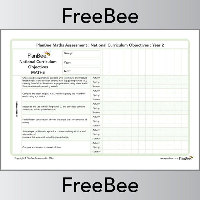 PlanBee Free Year 2 Maths Curriculum Assessment Grid by PlanBee