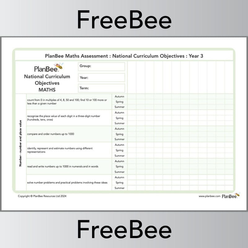 PlanBee Free Year 3 Maths Objectives Assessment Grid by PlanBee