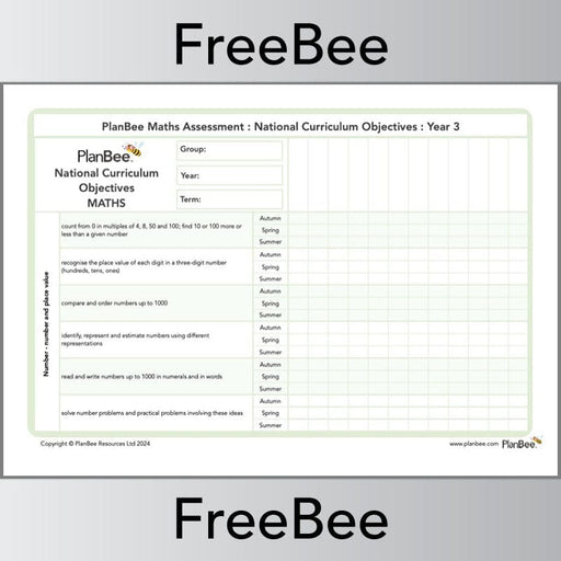 PlanBee Free Year 3 Maths Objectives Assessment Grid by PlanBee