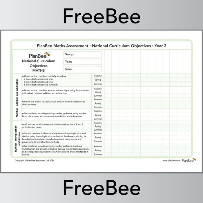 PlanBee Free Year 3 Maths Objectives Assessment Grid by PlanBee