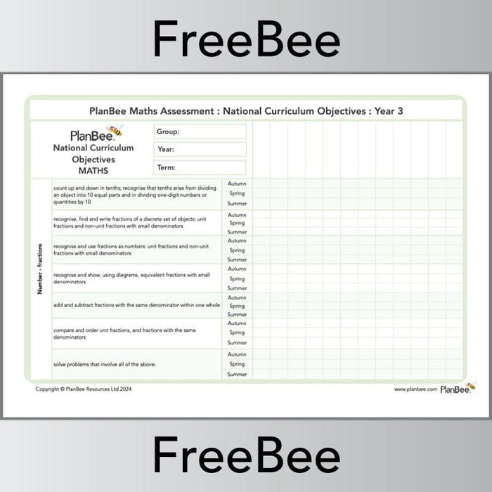 PlanBee Free Year 3 Maths Objectives Assessment Grid by PlanBee