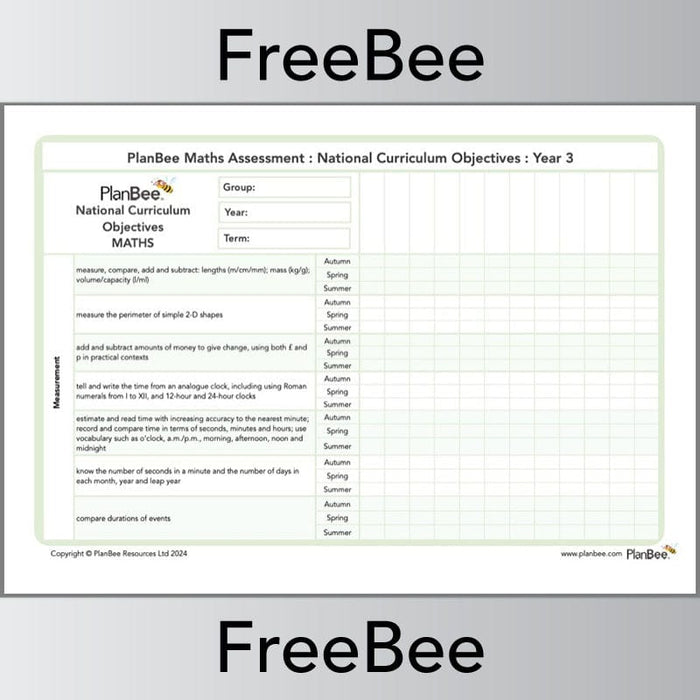 PlanBee Free Year 3 Maths Objectives Assessment Grid by PlanBee