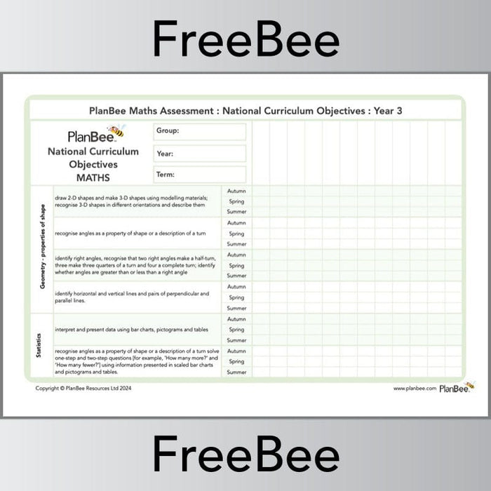 PlanBee Free Year 3 Maths Objectives Assessment Grid by PlanBee