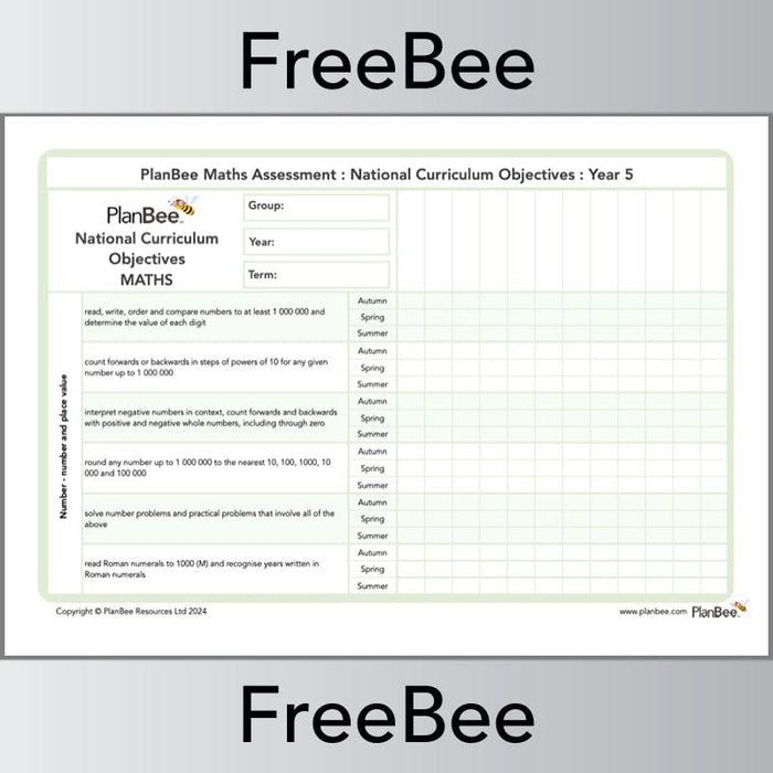 PlanBee Year 5 Maths Assessment Grid Downloadable by PlanBee