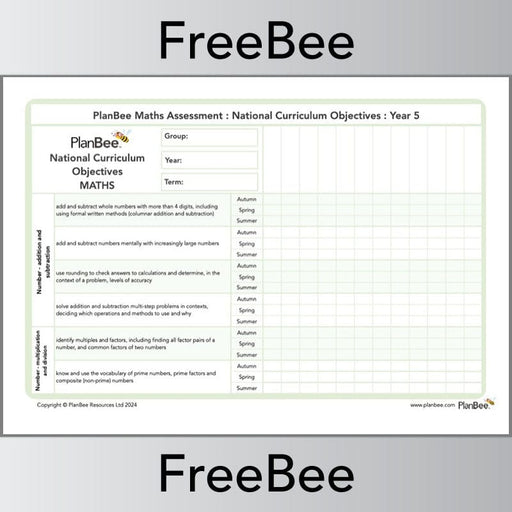 PlanBee Year 5 Maths Assessment Grid Downloadable by PlanBee