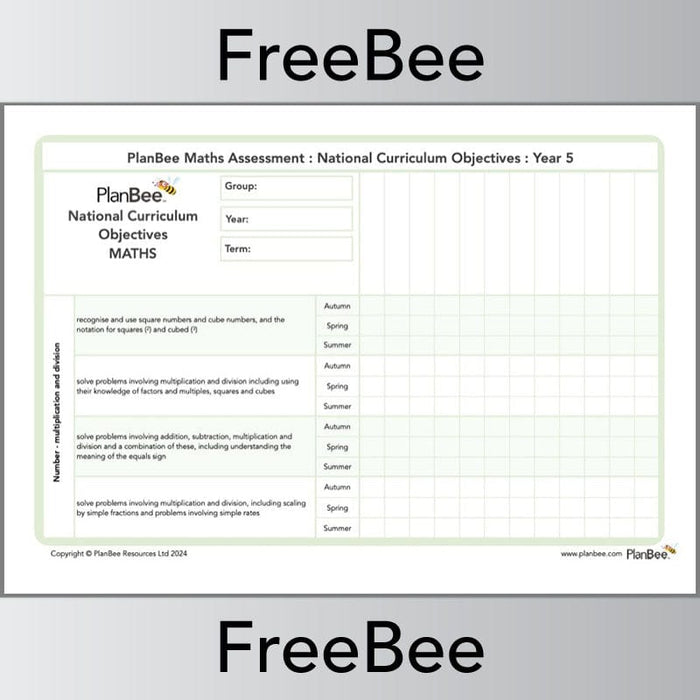 PlanBee Year 5 Maths Assessment Grid Downloadable by PlanBee