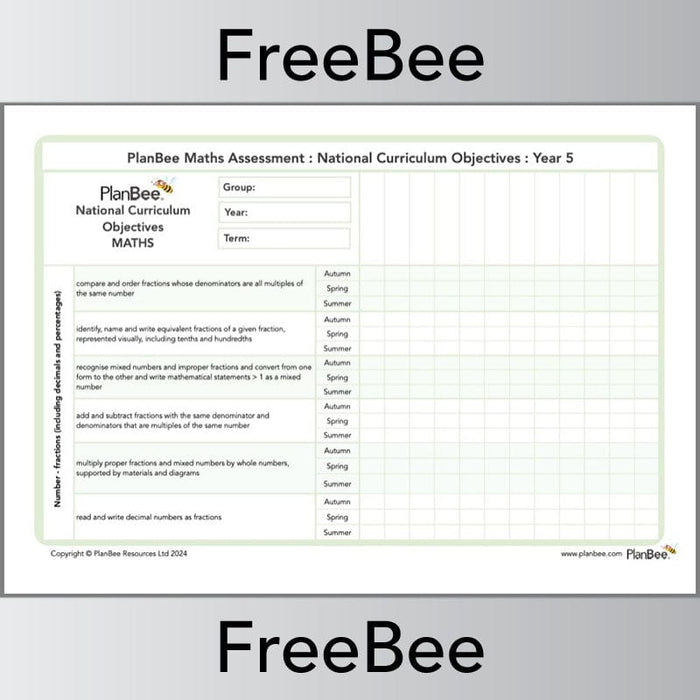 PlanBee Year 5 Maths Assessment Grid Downloadable by PlanBee