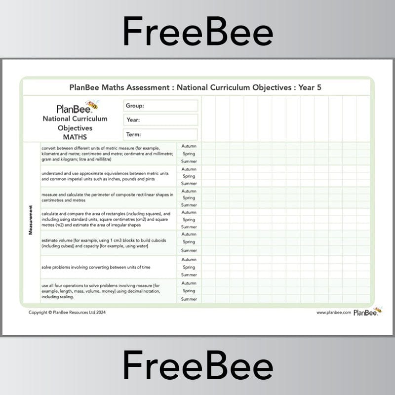 PlanBee Year 5 Maths Assessment Grid Downloadable by PlanBee