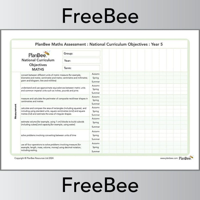 PlanBee Year 5 Maths Assessment Grid Downloadable by PlanBee