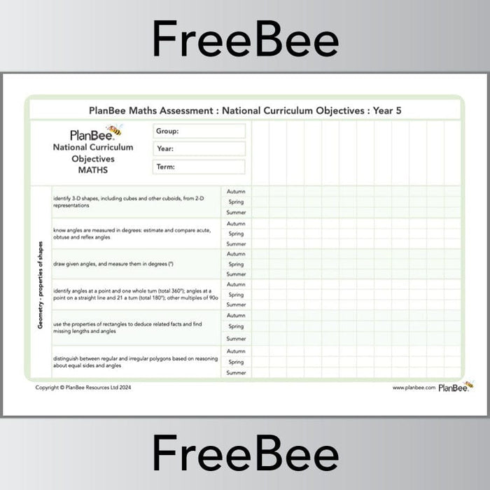 PlanBee Year 5 Maths Assessment Grid Downloadable by PlanBee