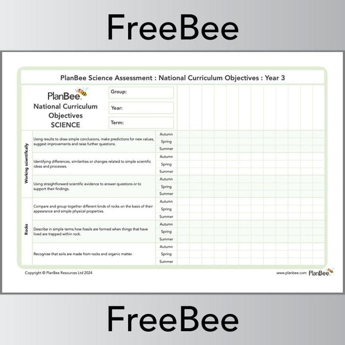 PlanBee Science KS2 Year 3 Assessment Grid | PlanBee FreeBees